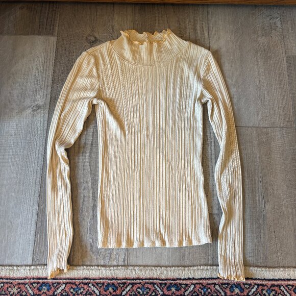 Everlane The Pleated Turtleneck Long Sleeve Ribbed Shirt in Parchment Small - Picture 5 of 10